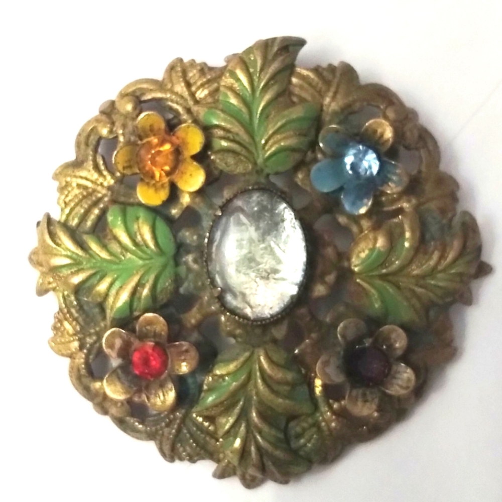 Antique  Neiger Brothers Czech Enamel Floral Glass Rhinestones Brooch
